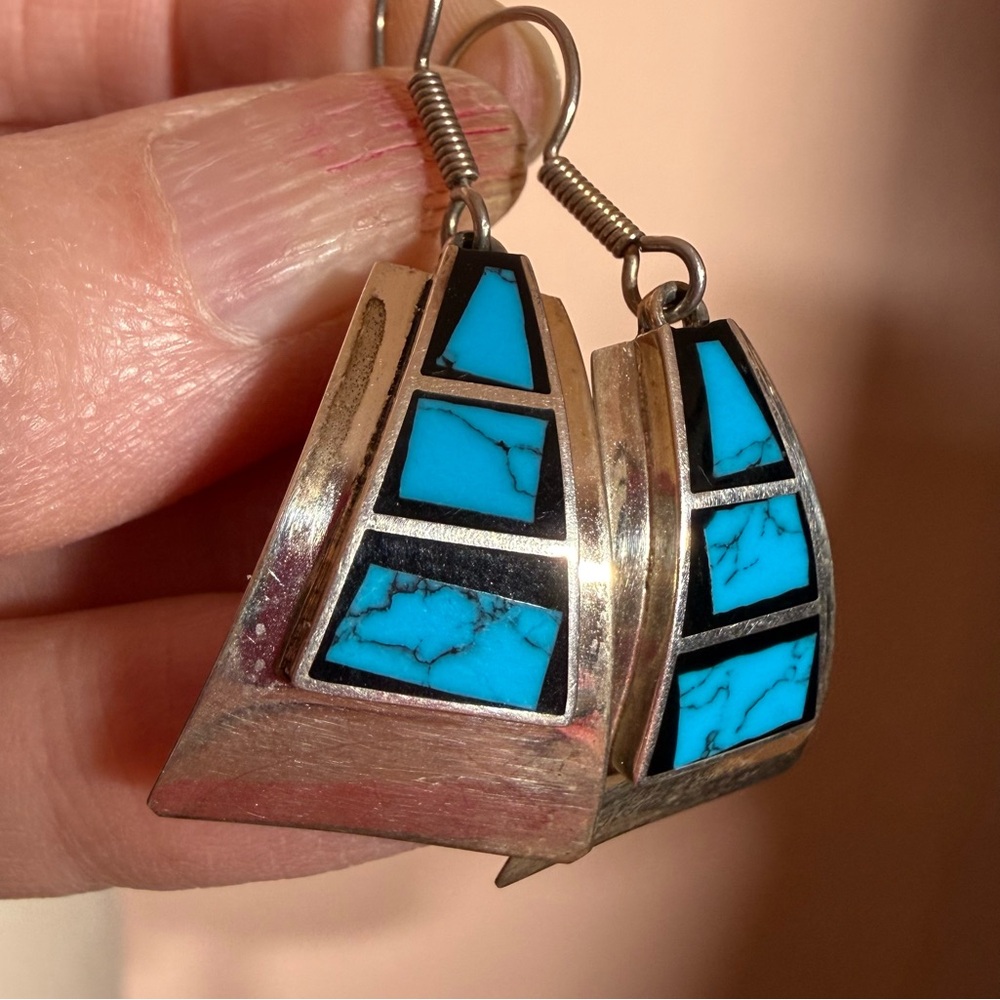 Taxco Vintage sterling silver turquoise southwestern oversized earrings - Picture 14 of 17